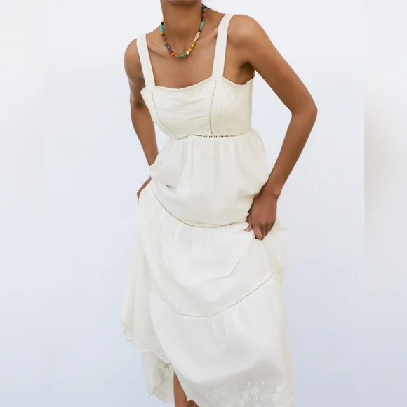 Zara Pintuck Tiered Midi Dress Tie Back Ladder Detail Beige Ecru Small S - Picture 2 of 11